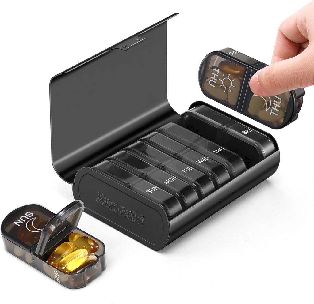 Zannaki Metal XL Weekly Pill Organizer 2 φορές την ημέρα, Μεγάλο Ταξίδι Daily Pill Box 7 Μέρα, Φορητή εβδομάδα Δύο φορές κάτοχος Χάπια Container, AM Pill περίπτωση για ιατρική Βιταμίνη συμπλήρωμα φαρμακευτικής αγωγής, μαύρο