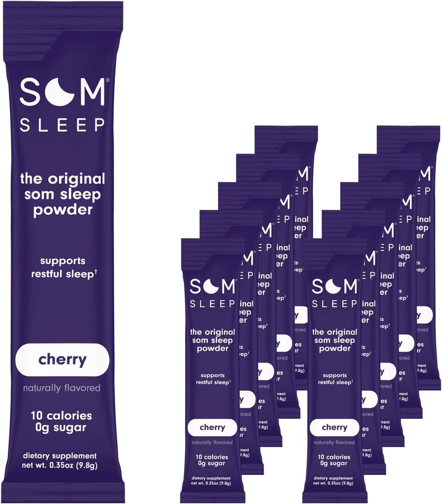 Som Sleep, Restful Sleep Powder Drink Mix w/Μελατονίνη, Μαγνήσιο, Βιταμίνη Β6, L-Θεανίνη & GABA – Vegan, Zero Sugar, Keto Friendly – Cherry, 10-Pack