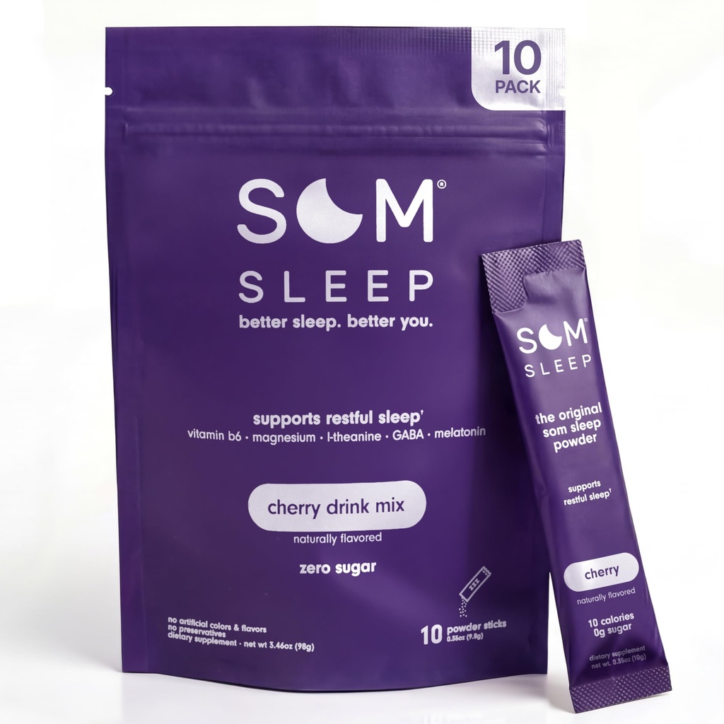 Som Sleep, Restful Sleep Powder Drink Mix w/Μελατονίνη, Μαγνήσιο, Βιταμίνη Β6, L-Θεανίνη & GABA – Vegan, Zero Sugar, Keto Friendly – Cherry, 10-Pack