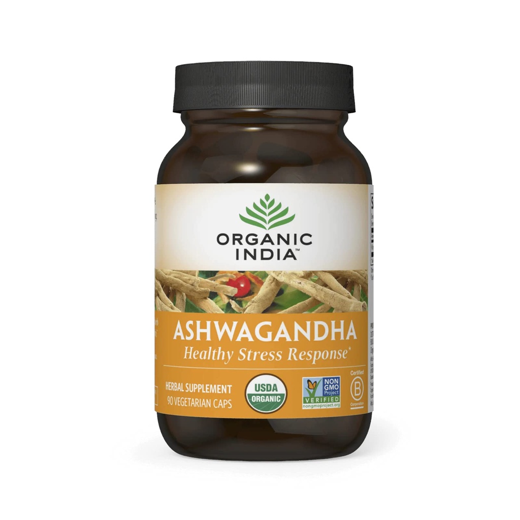 ORGANIC INDIA Ashwagandha Κάψουλες - Βιολογικό συμπλήρωμα Ashwagandha - Vegan Ashwagandha Root, χωρίς γλουτένη, Kosher, μη ΓΤΟ, υποστηρίζει την ανακούφιση από το άγχος, την ενέργεια και τον ύπνο - 90 κάψουλες
