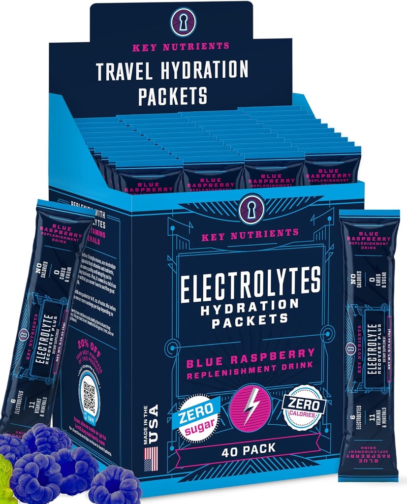 KEY NUTRIENTS Electrolytes Powder Packets - Delicious Blue Raspberry 40 Pack Hydration Packets - Travel Hydration Powder - No Sugar, No Calories, Gluten Free - Made in USA