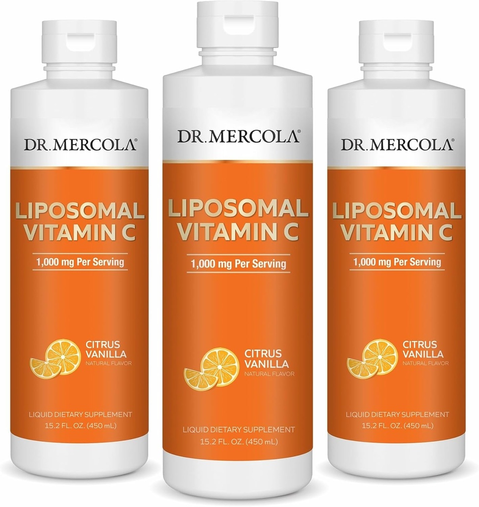Dr. Mercola Liquid Liposomal Vitamin C - Αντιοξειδωτική & ανοσοενισχυτική υποστήριξη συμπλήρωμα - Περιλαμβάνει βιταμίνη Ε - GMO-free, χωρίς γλουτένη & χωρίς σόγια - Citrus Vanilla Flavor - 450 mL (30 μερίδες) - 3 Pack