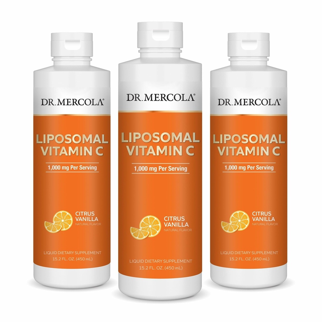 Dr. Mercola Liquid Liposomal Vitamin C - Αντιοξειδωτική & ανοσοενισχυτική υποστήριξη συμπλήρωμα - Περιλαμβάνει βιταμίνη Ε - GMO-free, χωρίς γλουτένη & χωρίς σόγια - Citrus Vanilla Flavor - 450 mL (30 μερίδες) - 3 Pack