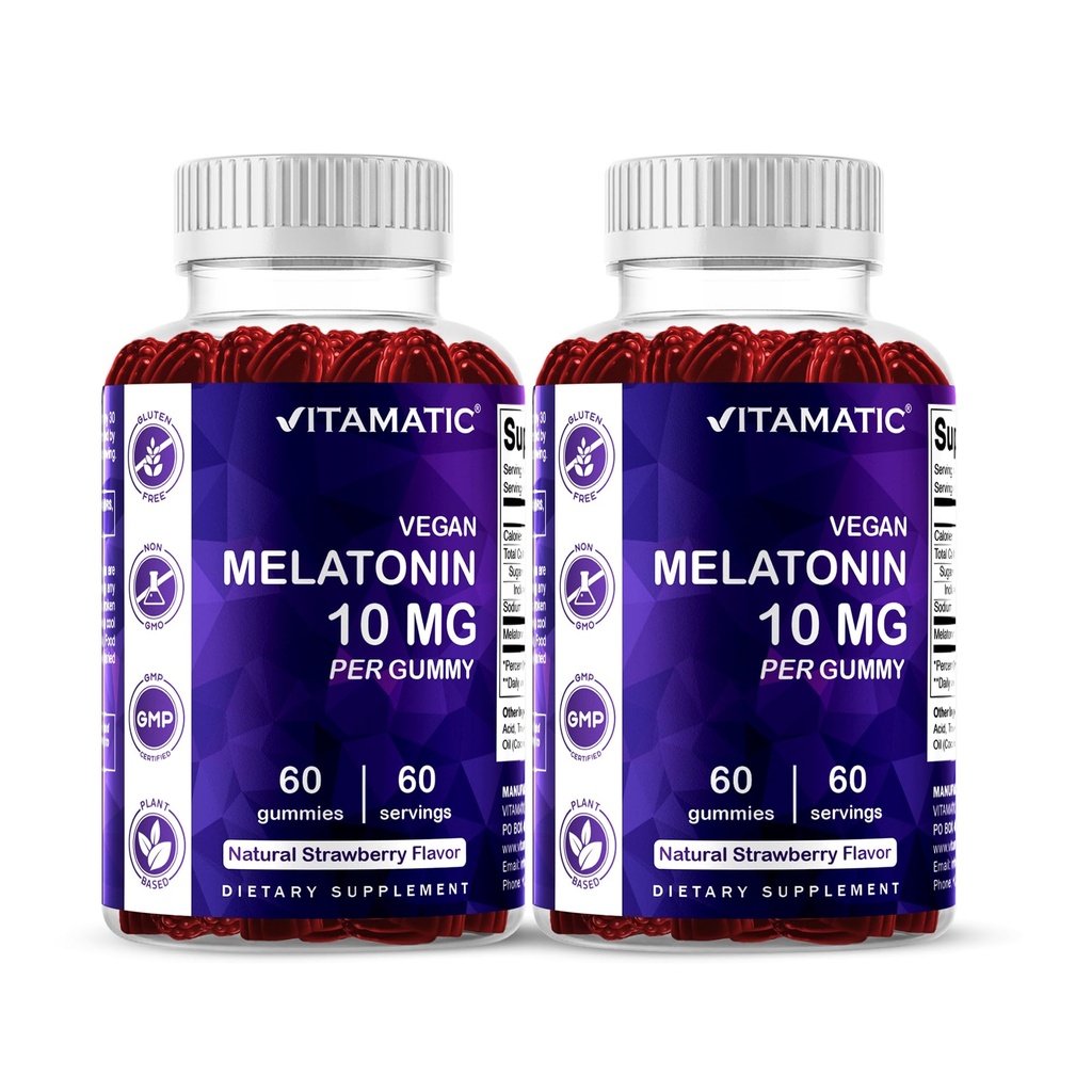 Vitamatic Melatonin 10 mg Χορτοφαγικά Gummies – Μη Χαλαρωτικό σχηματισμό – 60 Gummies ανά φιάλη – 2-Pack (Σύνολο 120 Vegan Gummies)