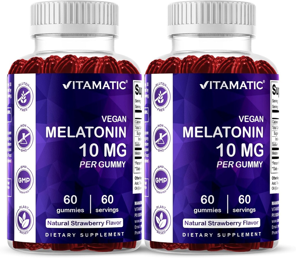 Vitamatic Melatonin 10 mg Χορτοφαγικά Gummies – Μη Χαλαρωτικό σχηματισμό – 60 Gummies ανά φιάλη – 2-Pack (Σύνολο 120 Vegan Gummies)