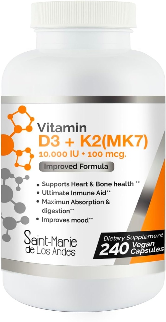 Vitamin D3 10,000 IU K2/MK7 100 mcg. High Potency Supplement 8 Months Supply. Non-GMO for Bone, Heart & Immune Support.