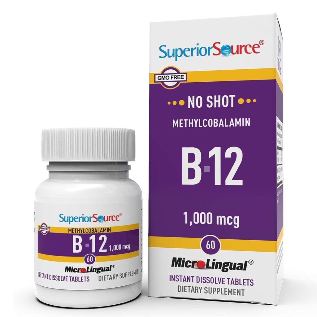 Superior Source No Shot Methylcobalamin B-12 1.000 mcg - Βιταμίνη B-12 για την υποστήριξη της παραγωγής ενέργειας, της υγείας του εγκεφάλου και της γενικής ευεξίας - Υπογλώσσια δισκία για ταχεία απορρόφηση - 60 δισκία διάλυσης