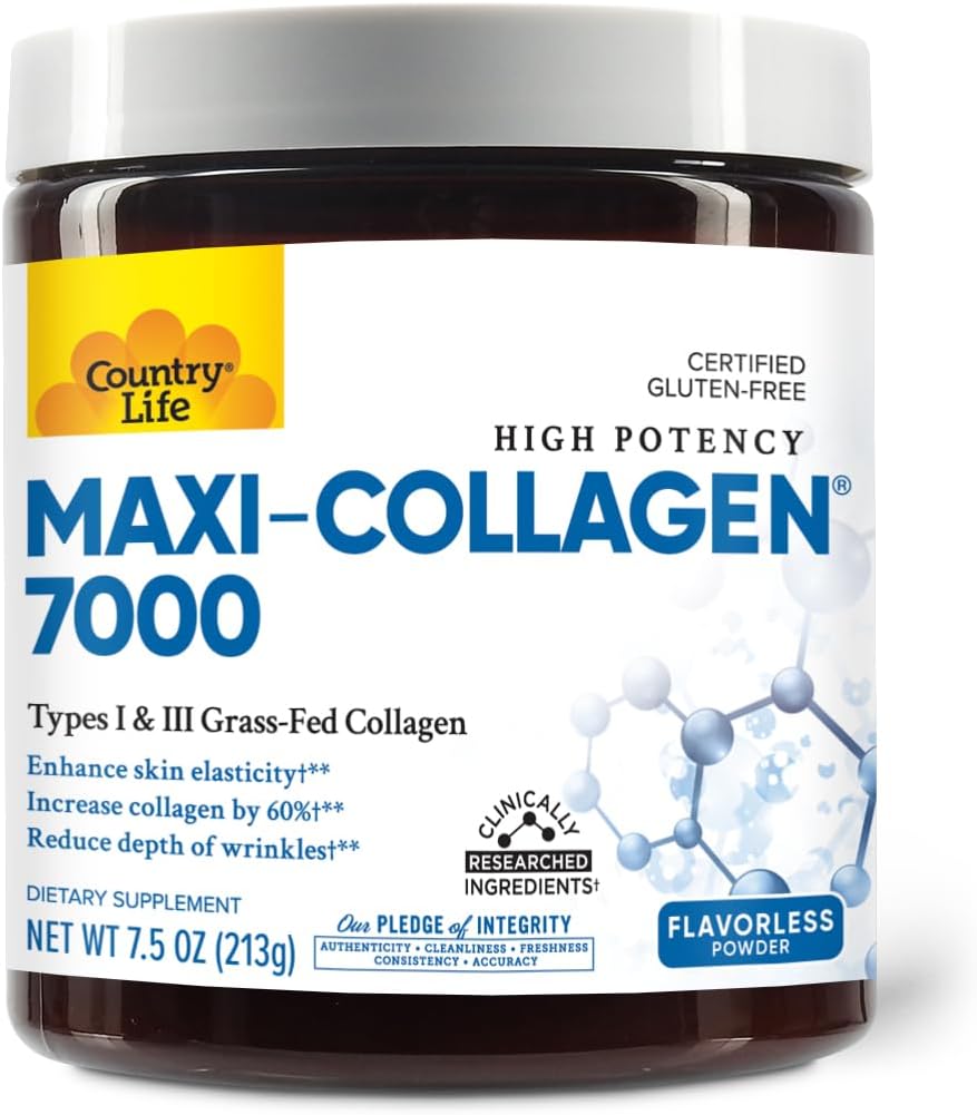 Country Life Maxi-Collagen 7000 Powder - Verisol Bioactive Collagen Peptides, Vitamin C, A & Biotin, 4.500 mg Τύποι I & III Grass-Fed Collagen - Υποστηρίζει το δέρμα, τα μαλλιά, τα νύχια και την κοινή υγεία, 7,5 oz