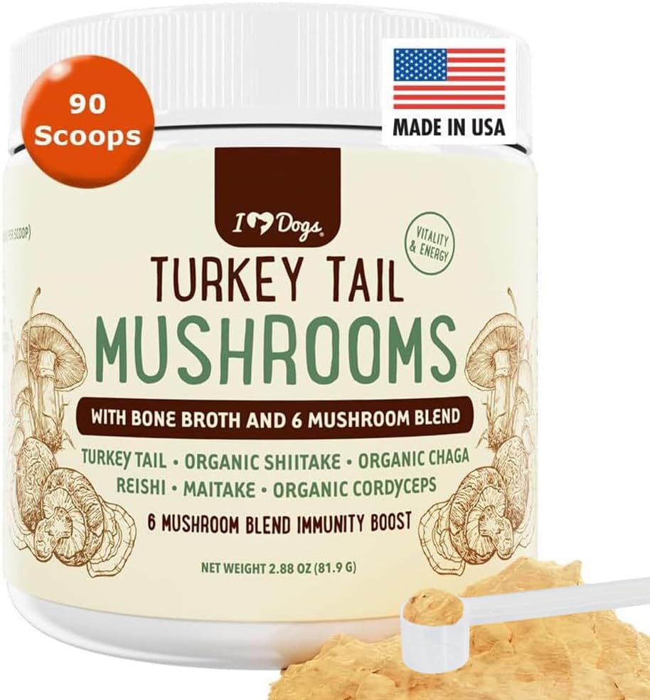 iHeartDogs Turkey Mushroom Tail for Dogs for Lumps, Bumps & Lipomas with Bone Broth and 6 Mushroom Blend Powder
