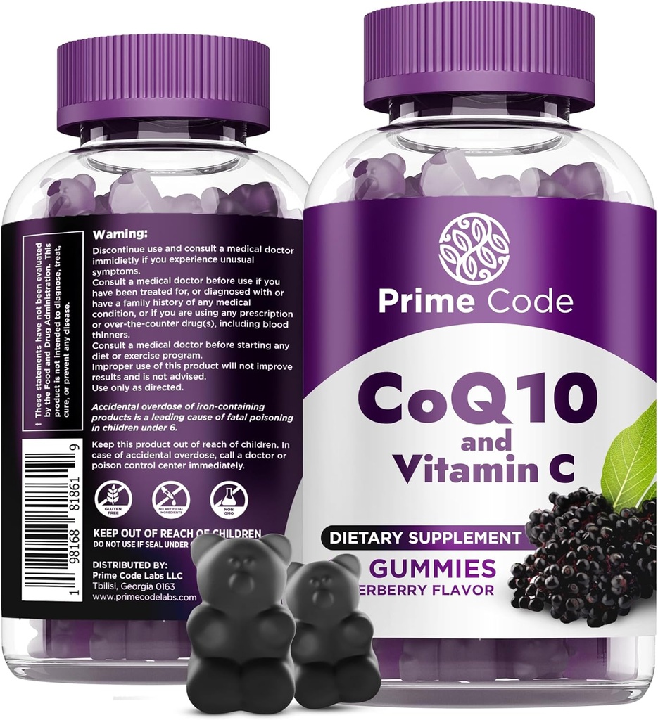 Prime Code CoQ10 200mg & Vitamin C 250mg Gummies – Antioxidant & Immune Support – Heart & Energy Supplement for Adults – Vegan, Non-GMO, Gluten-Free – Elderberry Flavor – 60 Gummies