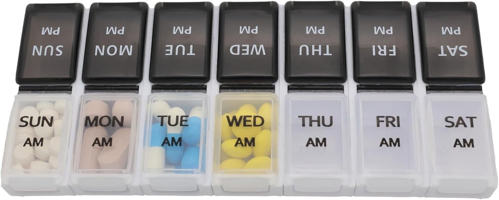7 Day Weekly Pill AM PM Organizer, ShysTech Large Pill Case Pill Box for Pills/Vitamin/Supplements/Medication (Separable, Small Black/White)