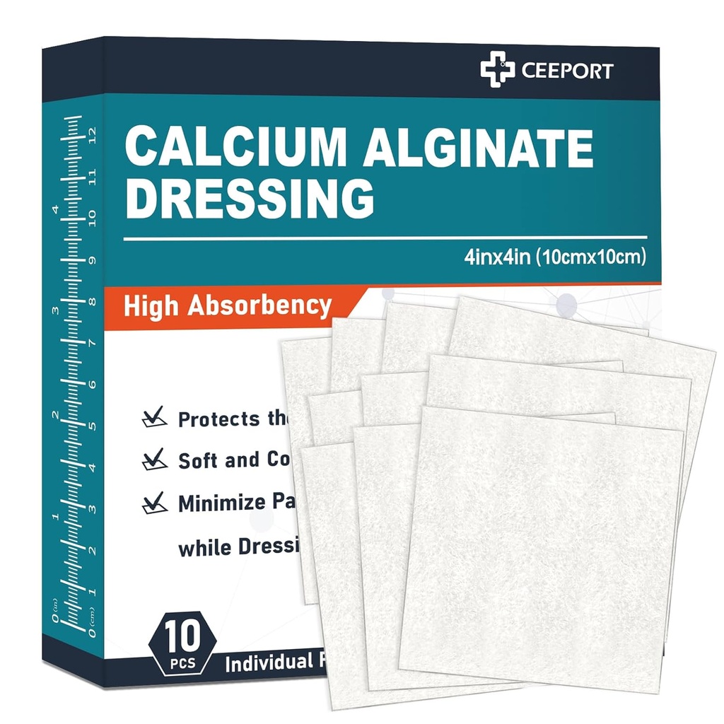 Alginate Dressing Pads, 4'' x 4''' Patches [10 ατομική συσκευασία], Υψηλή Απορρόφηση Dressing, Μαλακά Προϊόντα Φροντίδας Τραυμάτων, Άνετα & Απαλά και Μη Stick Gauze Pads for Wound Care