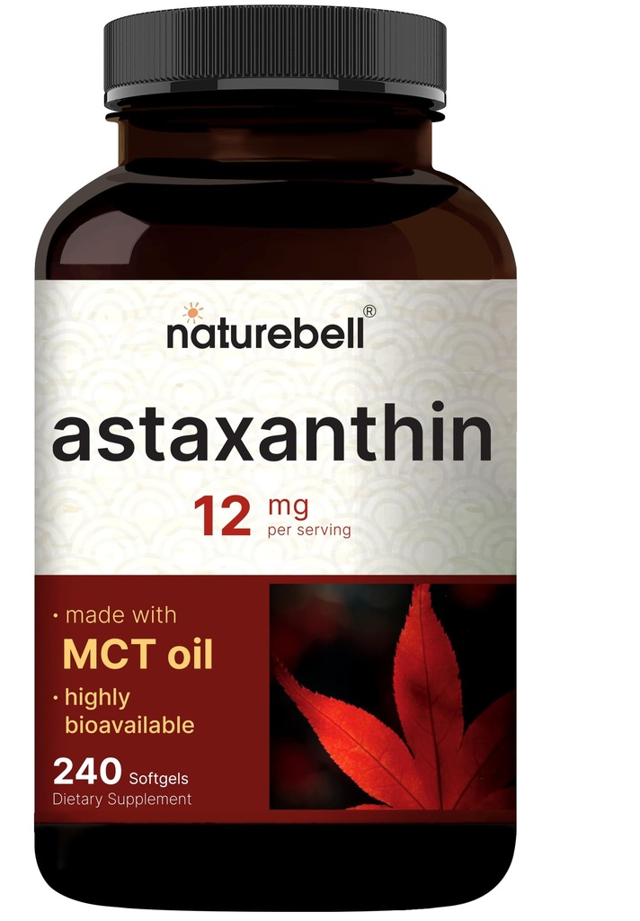 NatureBell Maximum Strength Astaxanthin 12mg, 240 Softgels - 4 Month Supply - Natural Antioxidant from Haematococcus Pluvialis Microalgae | Non-GMO, Gluten Free