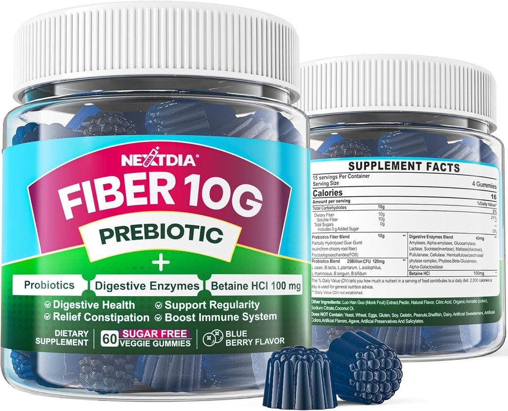 Fiber Gummies for Adults, Sugar Free 10g Prebiotic Fiber Supplement with Digestive Enzymes, Probiotics & 100mg Betaine for Digestive & Gut Health and Regulate Bowel Movement, Vegan, Gelatin Free, 60ct