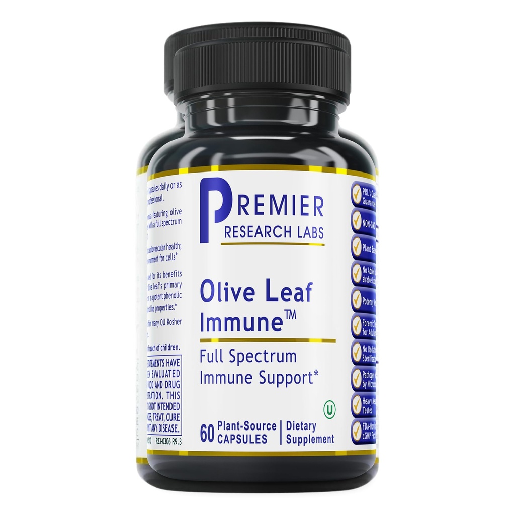 Premier Research Labs Olive Leaf Immune - Olive Leaf Extract Capsules, Τα Χάπια Ελιάς με Φυτοθρεπτικό Ολουροπείνος, Φυτικό συμπλήρωμα για την υποστήριξη του ανοσοποιητικού και της καρδιακής υγείας - 60 κάψουλες χορτοφάγων