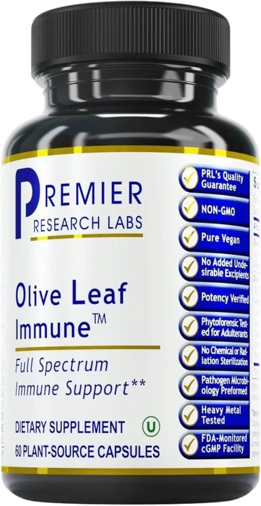 Premier Research Labs Olive Leaf Immune - Olive Leaf Extract Capsules, Τα Χάπια Ελιάς με Φυτοθρεπτικό Ολουροπείνος, Φυτικό συμπλήρωμα για την υποστήριξη του ανοσοποιητικού και της καρδιακής υγείας - 60 κάψουλες χορτοφάγων