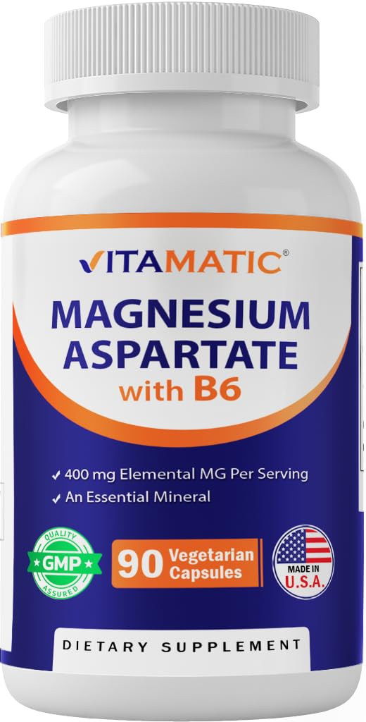 Vitamatic Magnesium Aspartate 400mg per Serving - 90 κάψουλες χορτοφάγων - Προστέθηκε B6 για μέγιστη απορρόφηση - Υποστηρίζει τους μυς, αρθρώσεις, και την υγεία της καρδιάς*