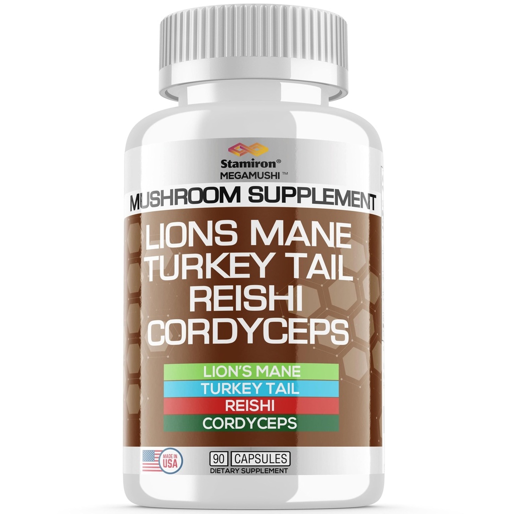 Stamiron Lions Mane Συμπλήρωμα Turkey Κάψουλες Μασαχουσέτης με Cordyceps Extract & Reishi Μανιτάρια - Alt to Mushroom Gummies, Mushroom Powder, Mushroom Coffee - 90 Count