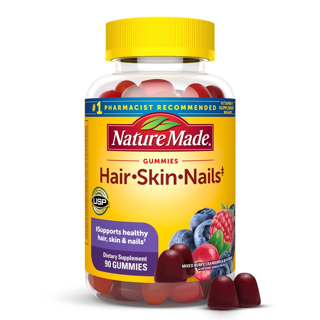 Nature Made Hair Skin and Nails with Biotin 2500 mcg, Συμπλήρωμα διατροφής για υγιή μαλλιά, δέρμα & νύχια Υποστήριξη, 90 Gummies, 45 ημέρα προσφοράς