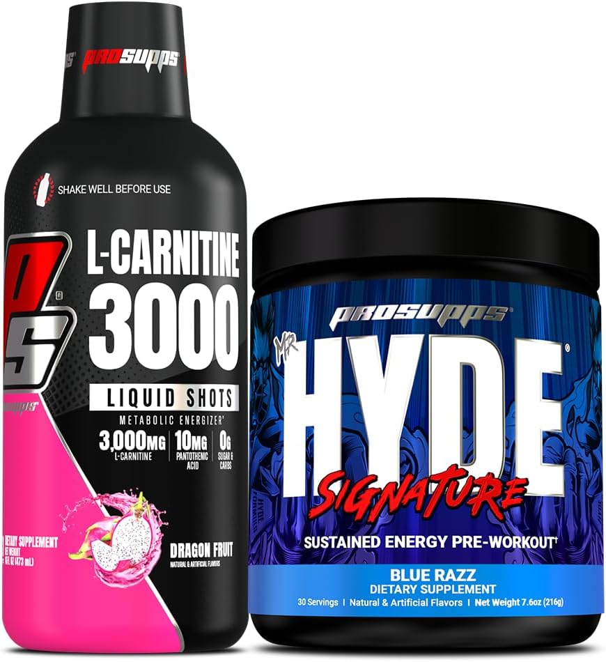 PROSUPPS L-Carnitine 3000 Stimulant Free Liquid Shots (Dragon Fruit) and Mr. Hyde Signature Series Pre-Workout Energy Powdered Drink (Blue Razz) Bundle