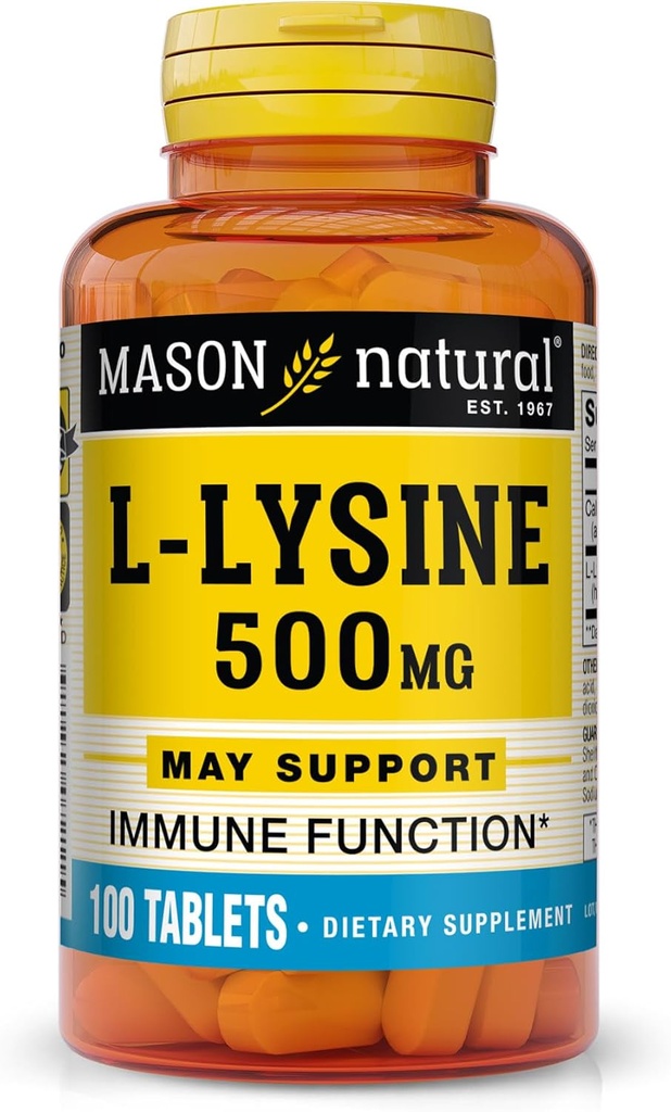 MASON NATURAL L- Lysine 500 mg με Ασβέστιο - Βελτιωμένη Ανοσοποιητική Λειτουργία, Ενισχυμένη Απορρόφηση θρεπτικών ουσιών, Απαραίτητο Αμινοξύ, 100 δισκία