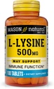 MASON NATURAL L- Lysine 500 mg με Ασβέστιο - Βελτιωμένη Ανοσοποιητική Λειτουργία, Ενισχυμένη Απορρόφηση θρεπτικών ουσιών, Απαραίτητο Αμινοξύ, 100 δισκία