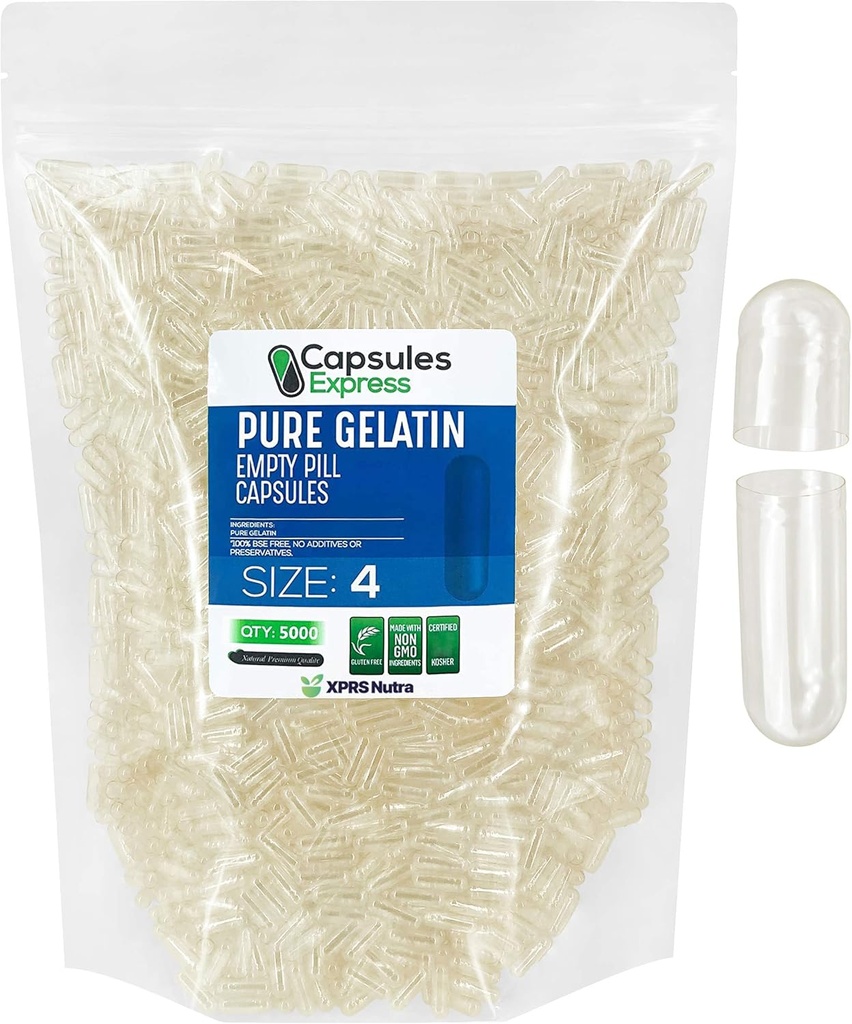 XPRS Nutra Μέγεθος 4 κενές κάψουλες - 5000 Count Clear Empty Gelatin Κάψουλες - DIY Caps Γέμισμα καψακίων - Fillable Pure Bovine Pill χάπια Gel χάπια για το Do-It-Yourself συμπληρώματα