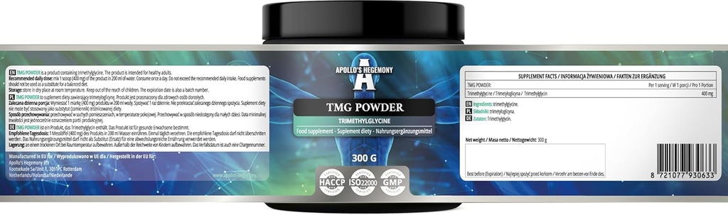 APOLLO'S HEGEMONY TMG Powder 300g - Betaine - 2000mg Trimethylglycine per Serving - 150 μερίδες ανά συσκευασία - Χωρίς πρόσθετα - Διακλαδισμένη αλυσίδα Αμινοξέα - υποστήριξη μεταβολίτη
