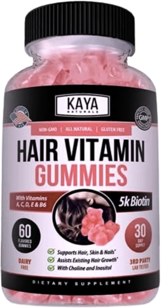 Kaya Naturals Gummies για την ανάπτυξη των μαλλιών - Biotin 5000mcg Βιταμίνες για υγιή μαλλιά, δέρμα και νύχια - Συμπλήρωμα ομορφιάς για γυναίκες ή άνδρες - 60 Count - άρωμα βατόμουρο