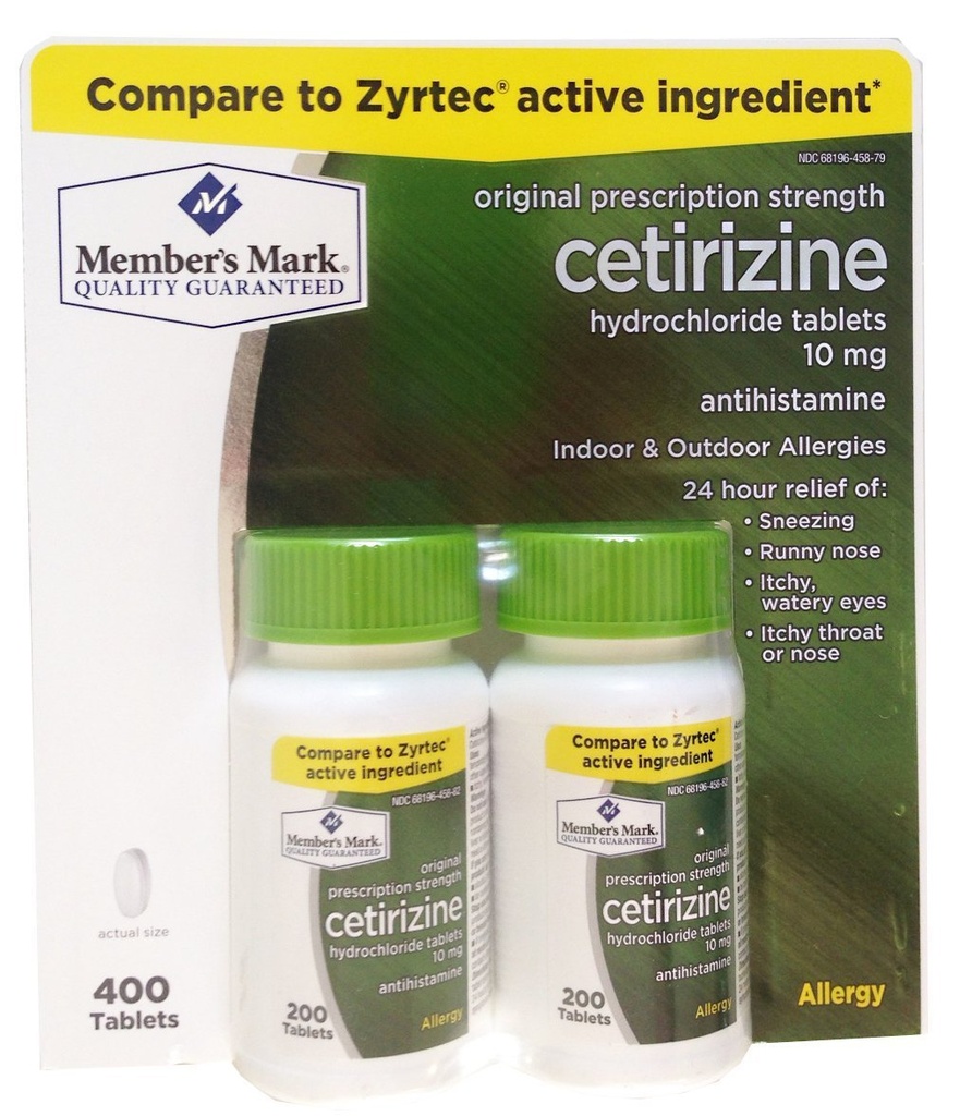 Μαρκ μέλους Γνωστό ως απλά δεξιά Cetirizine Hydrochloride Alergy Tablets, 10 mg- 400 Μέτρα.