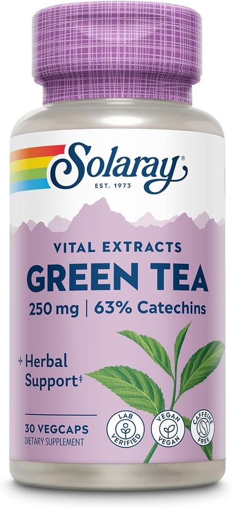 SOLARAY Green Tea Extract 250 mg - Καψάκια Εκχυλίσματος Πράσινου Τσάι χωρίς καφεΐνη - EGCG Συμπληρώματα - Εγγυημένα για να περιέχουν 63% Catechins - Vegan, 60 ημερών εγγύηση, 30 εξυπηρετούν, 30 VegCaps