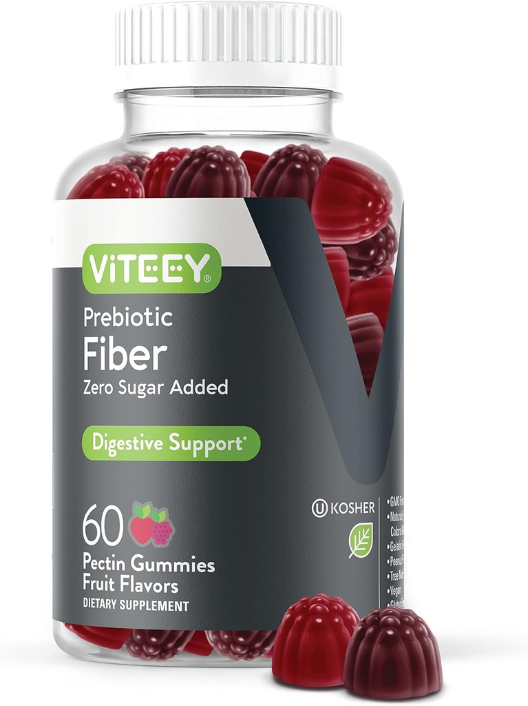 Viteey Prebiotic Fiber Gummies for Adults, 4g - Gut Health & Digestive Soluble Fiber Supplement Gummies - Zero Sugar Added, Vegan, Gluten-Free - 60 Count