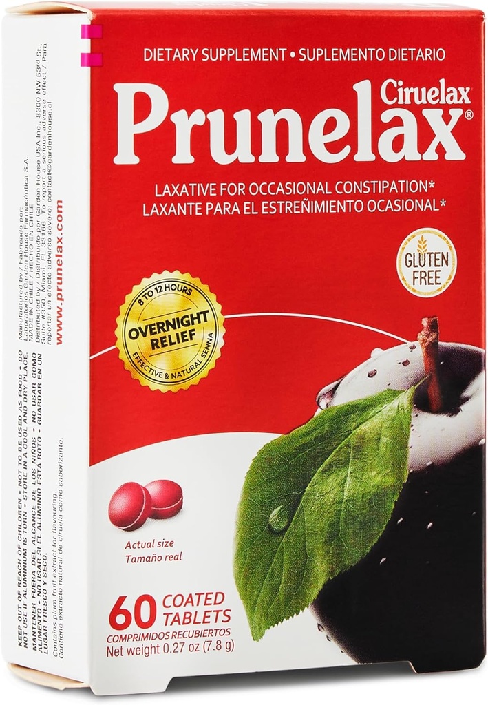 Prunelax Ciruelax Laxative Strength Mini Tablets - Διανυκτέρευση Ανακούφιση για περιστασιακή δυσκοιλιότητα, Senna Extract, Vegan & Gluten-free, Gentle Relief - 60ct