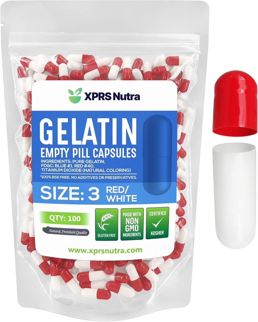 XPRS Nutra Μέγεθος 3 Κενές κάψουλες - 100 Count Empty Gelatin Κάψουλες - Χάπια DIY Καψάκιο Γέμισμα - Αγνά καπάκια τζελ Μπόβιν Χάπια Γέμισμα Do-It-Yourself Βιταμίνες και συμπληρώματα (κόκκινο/λευκό)
