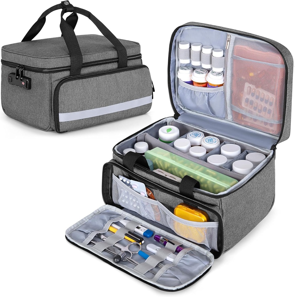 CURMIO Pill μπουκάλι Organizer Αποθήκευση, medication κουτί κλειδώματος για Pill Organizer και Ιατρικές προμήθειες, γκρι (Patented Design)