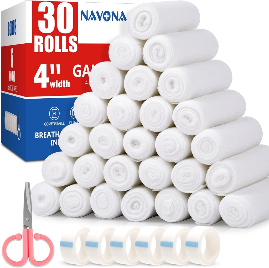 Navona Gauze Rolls 30 Pack, 4 in x 4.1 Yards, Individually Rolled Gauze, Mummy Wrap, Premium Gauzes Wrap Roll for Wounds