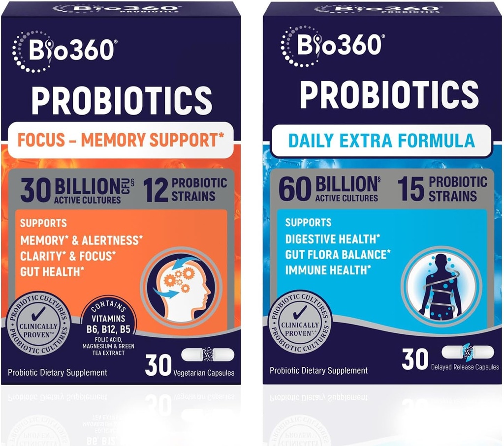 Bio360 Probiotics Bundle, Γνωστική Φόρμουλα Υποστήριξης & Daily Extra Formula, Brain Support & Gut Health Συμπληρώματα, Βοηθά στη Μνήμη Υποστήριξης, Εστίαση & Διέγερση, 2 x 30 Vegan Συμπληρώματα