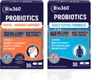Bio360 Probiotics Bundle, Γνωστική Φόρμουλα Υποστήριξης & Daily Extra Formula, Brain Support & Gut Health Συμπληρώματα, Βοηθά στη Μνήμη Υποστήριξης, Εστίαση & Διέγερση, 2 x 30 Vegan Συμπληρώματα