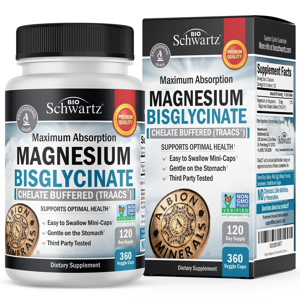 Magnesium Bisglycinate Chelated Supplement - High Absorption Magnesium Glycinate Supplement for Women and Men - Sleep, Muscle, Bone & Joint Support - Non-GMO, Non-Laxative Chelate - 360 Capsules
