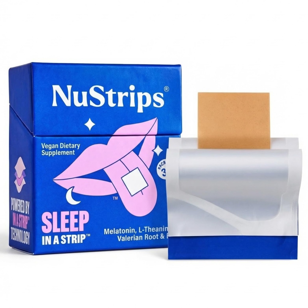 NuStripsTM Fast-Dissolving Sleep Strips με 5mg μελατονίνης, βαλεριάνας ρίζας, L-Θεανίνης & βιταμίνης Β6 – Natural Sleep Aid, Vegan, Non-GMO, Gluten Free – Fall Asleep Fast, Wake Up Refreshed (30 Strips)