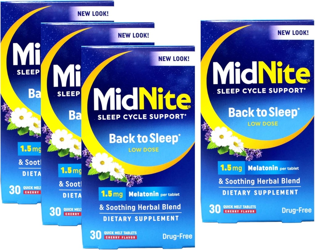 MidNite Sleep Cycle Support Επιστροφή στον Ύπνο Χαμηλή Δόση Μελατονίνη & Βότανο Blend, Cherry Flavor, 30 Quick Melt Tablets (Pack of 4)