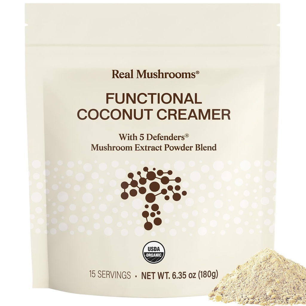 Real Mushrooms Functional Coconut Creamer με Reishi, Lucuma & Ceylon Cinnamon – Βιολογικό, Γαλακτοκομικό-Δωρεάν – Vegan Coffee Creamer για Smoothies & Drinks – 90 Σερβιρίσματος Βιολογική Κρέμα Καρύδας σε σκόνη