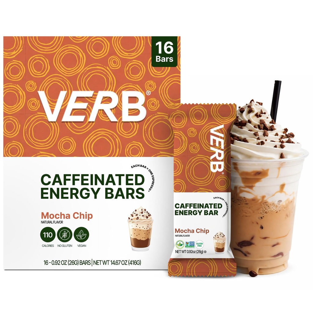 Verb Caffeinated Energy Bars Mocha Chip (26g, Pack of 16) 110-Calorie Delicious Χαμηλή Ζάχαρη Energy Bar - Vegan Gluten Free On-the Go Snack με 80mg Πράσινη καφεΐνη Τσάι, Μόνο Real-Food Συστατικά