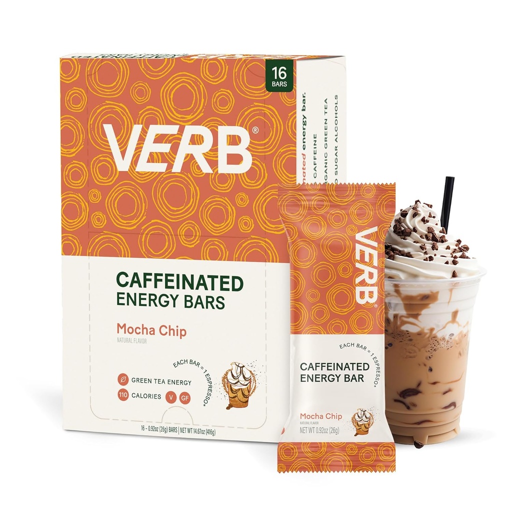 Verb Caffeinated Energy Bars Mocha Chip (26g, Pack of 16) 110-Calorie Delicious Χαμηλή Ζάχαρη Energy Bar - Vegan Gluten Free On-the Go Snack με 80mg Πράσινη καφεΐνη Τσάι, Μόνο Real-Food Συστατικά