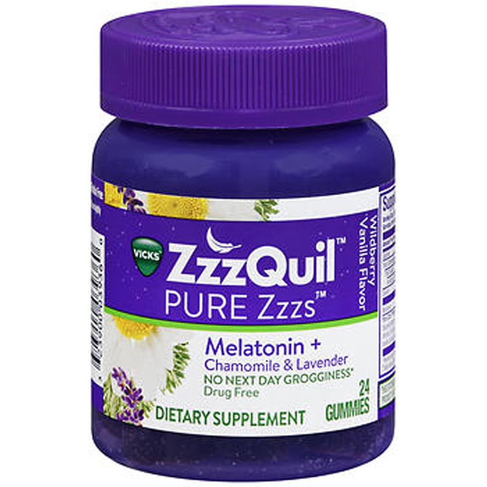 ZzzQuil Pure Zzzs Μελατονίνη Gummies, Sleep Aid, Μελατονίνη 2mg, με χαμομήλι & Λεβάντα, Μελατονίνη Gummies ύπνου, Βοηθήματα ύπνου για ενήλικες, Wildberry Vanilla Flavored, 24 Gummies ύπνου