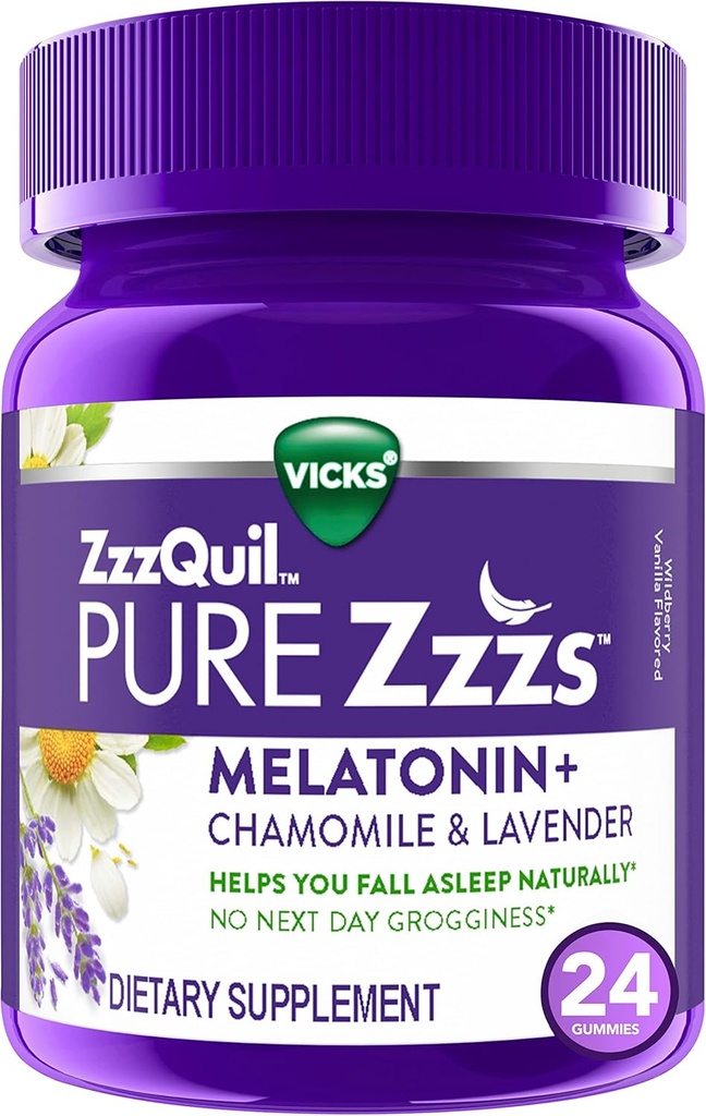 ZzzQuil PURE Zzzs Μελατονίνη Gummies, Sleep Aid, Μελατονίνη 2mg, με Χαμομήλι & Λεβάντα, Μελατονίνη Gummies ύπνου, Βοηθήματα ύπνου για ενήλικες, Wildberry Βανίλια Γεύση, 24 Gummies ύπνου