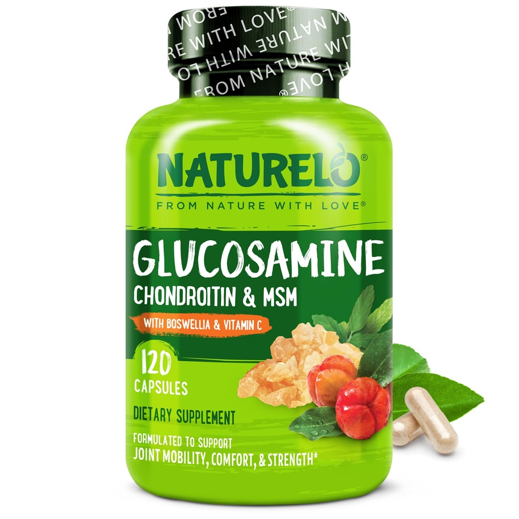 NATURELO Glucosamine Chondroitin MSM με Boswellia και βιταμίνη C - Συμπλήρωμα για κοινή άνεση, κινητικότητα και δύναμη - 120 κάψουλες