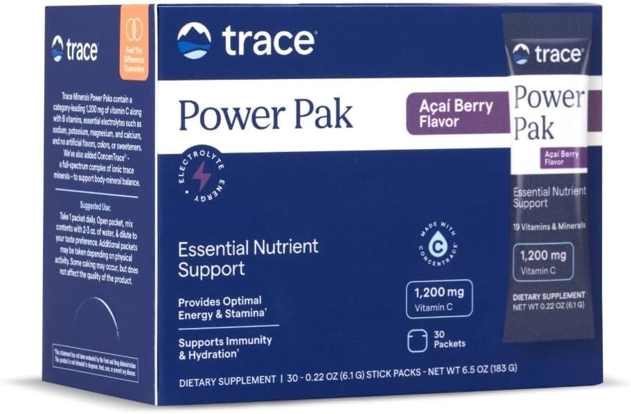 Trace Minerals Power Pak Multivitamin and Multimineral Packets - Υποστήριξη ηλεκτρολυτών - 1200 mg Βιταμίνη C Plus 70 Acai Berry Flavor - 30 πακέτα