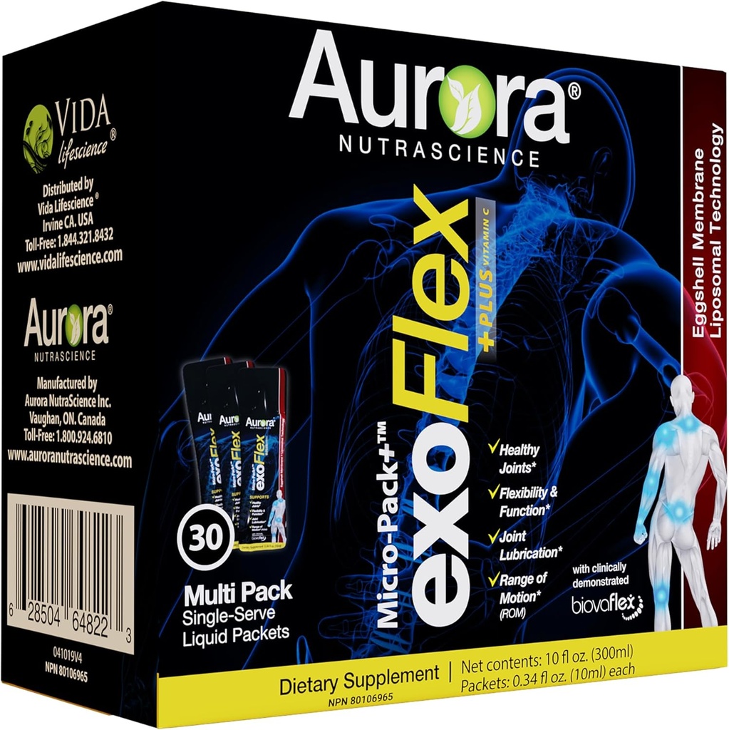 Aurora Nutrascience Micro-Pack Liposomal exoFlex+ με βιταμίνη C, υποστηρίζει την κοινή ευελιξία & λειτουργία, BiovaFlex Eggshell Membrane, Curcumin & Boswellia, Strwaberry Flavor, 30 Single-Serve Packets