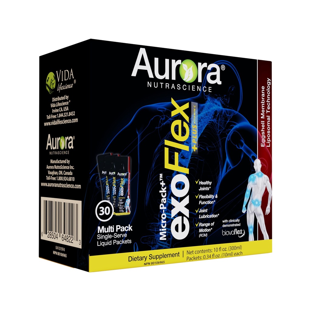 Aurora Nutrascience Micro-Pack Liposomal exoFlex+ με βιταμίνη C, υποστηρίζει την κοινή ευελιξία & λειτουργία, BiovaFlex Eggshell Membrane, Curcumin & Boswellia, Strwaberry Flavor, 30 Single-Serve Packets
